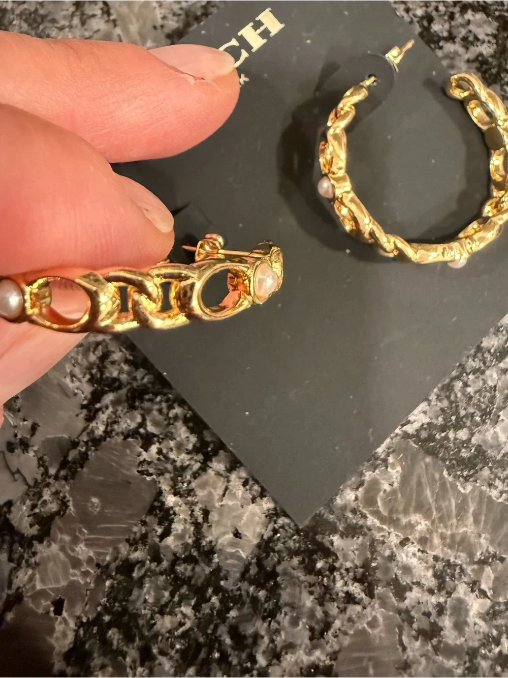 Coach Style Gold Braided Hoop with Pearl Style accent and “C” s Earrings - Picture 4 of 11
